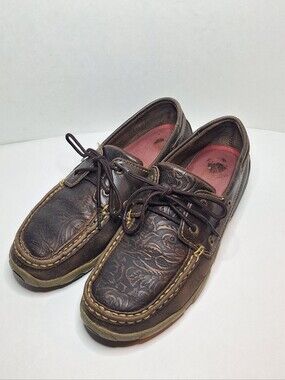 Twisted Distressed Brown Tooled Leather Floral Driving Moccasin Size US 8 M